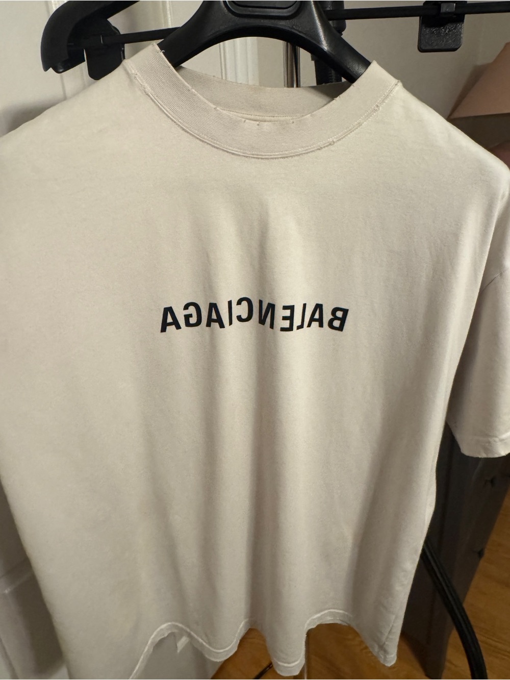 Balenciaga Men’s Off-White Crewneck T-Shirt with Black Logo